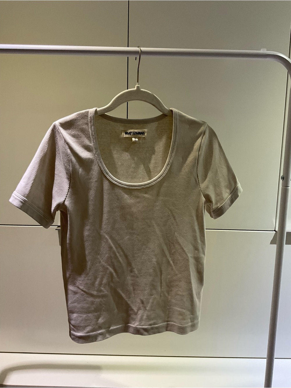 Ribbed Scoop Neck Short Sleeve Top in Light Beige